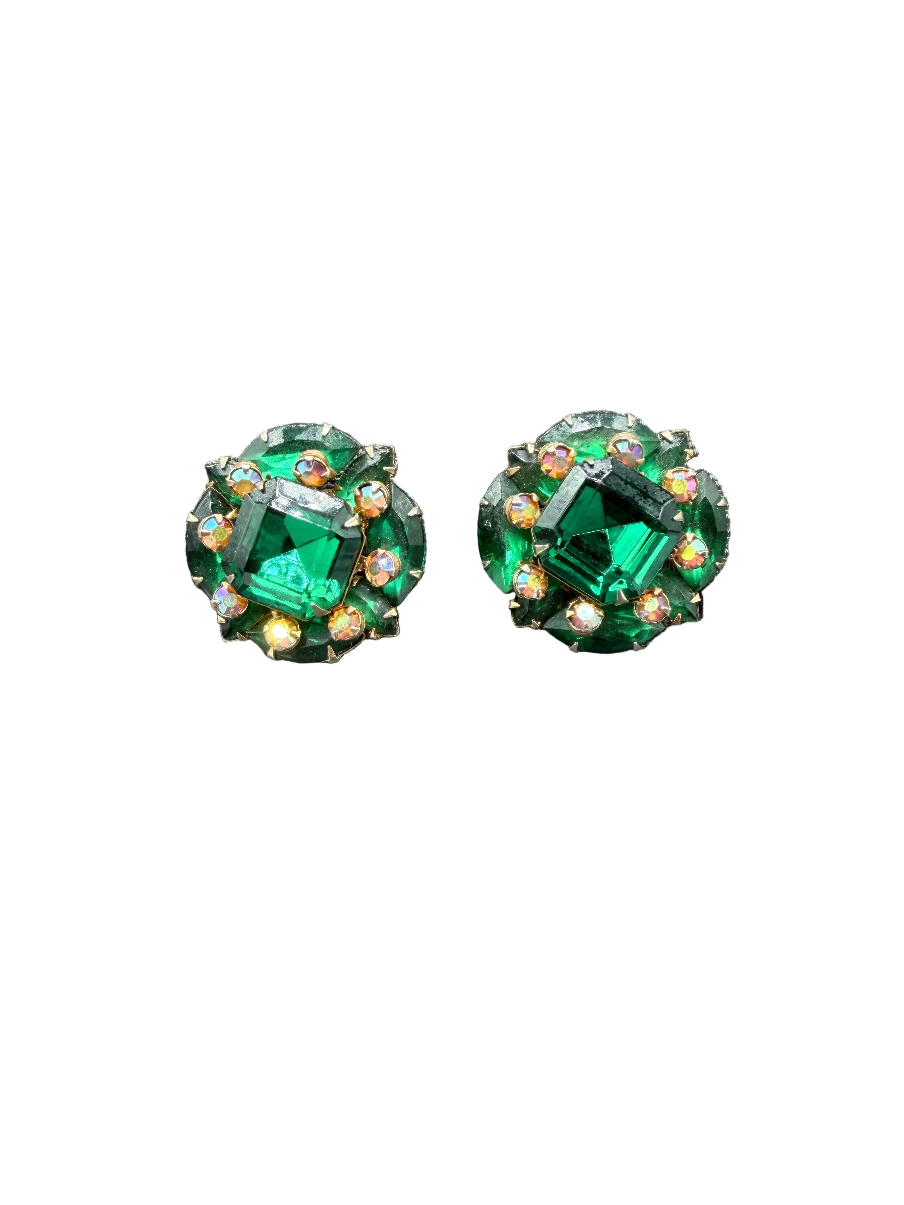 1950s Beau Jewels Green Rhinestone Cluster Clip Earrings