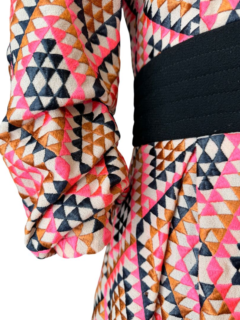 Amelia Toro Wool Snap-Front Coat with Ruched Sleeves and Pink Diamond Textile