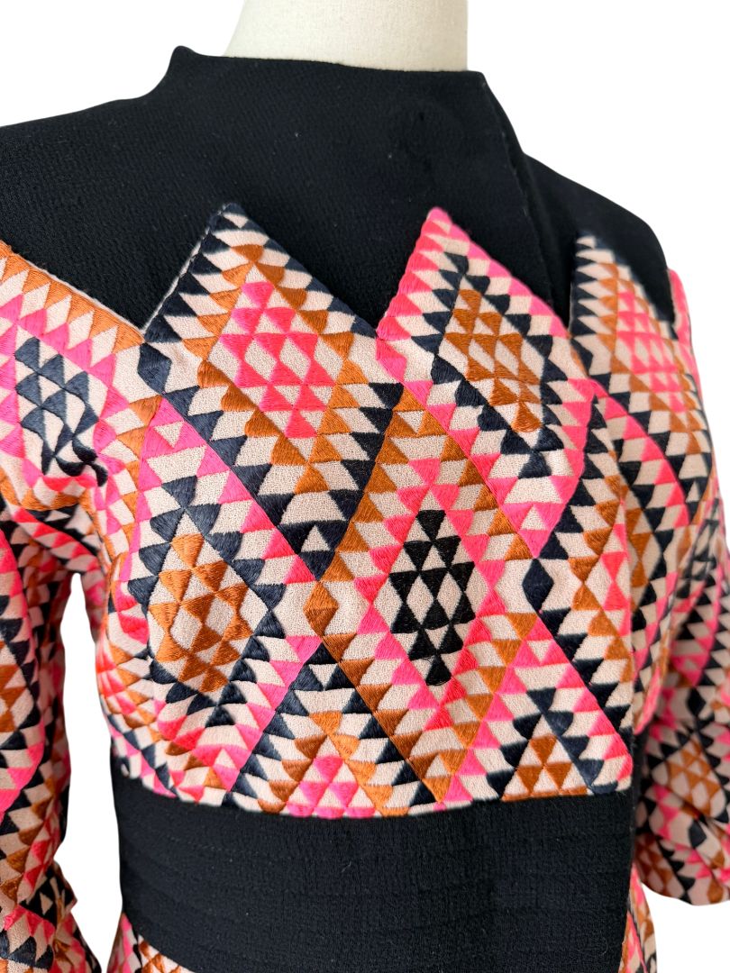 Amelia Toro Wool Snap-Front Coat with Ruched Sleeves and Pink Diamond Textile