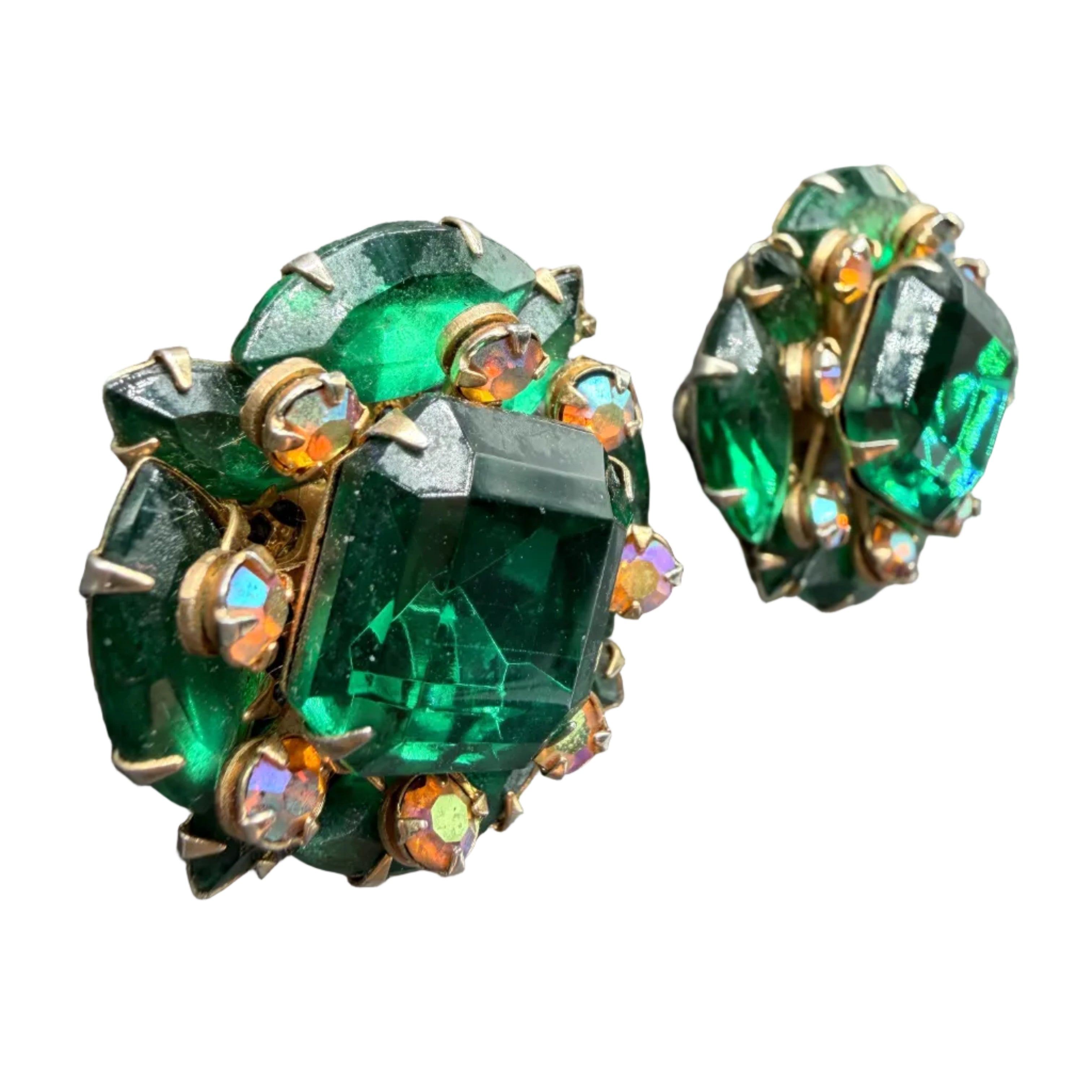 1950s Beau Jewels Green Rhinestone Cluster Clip Earrings