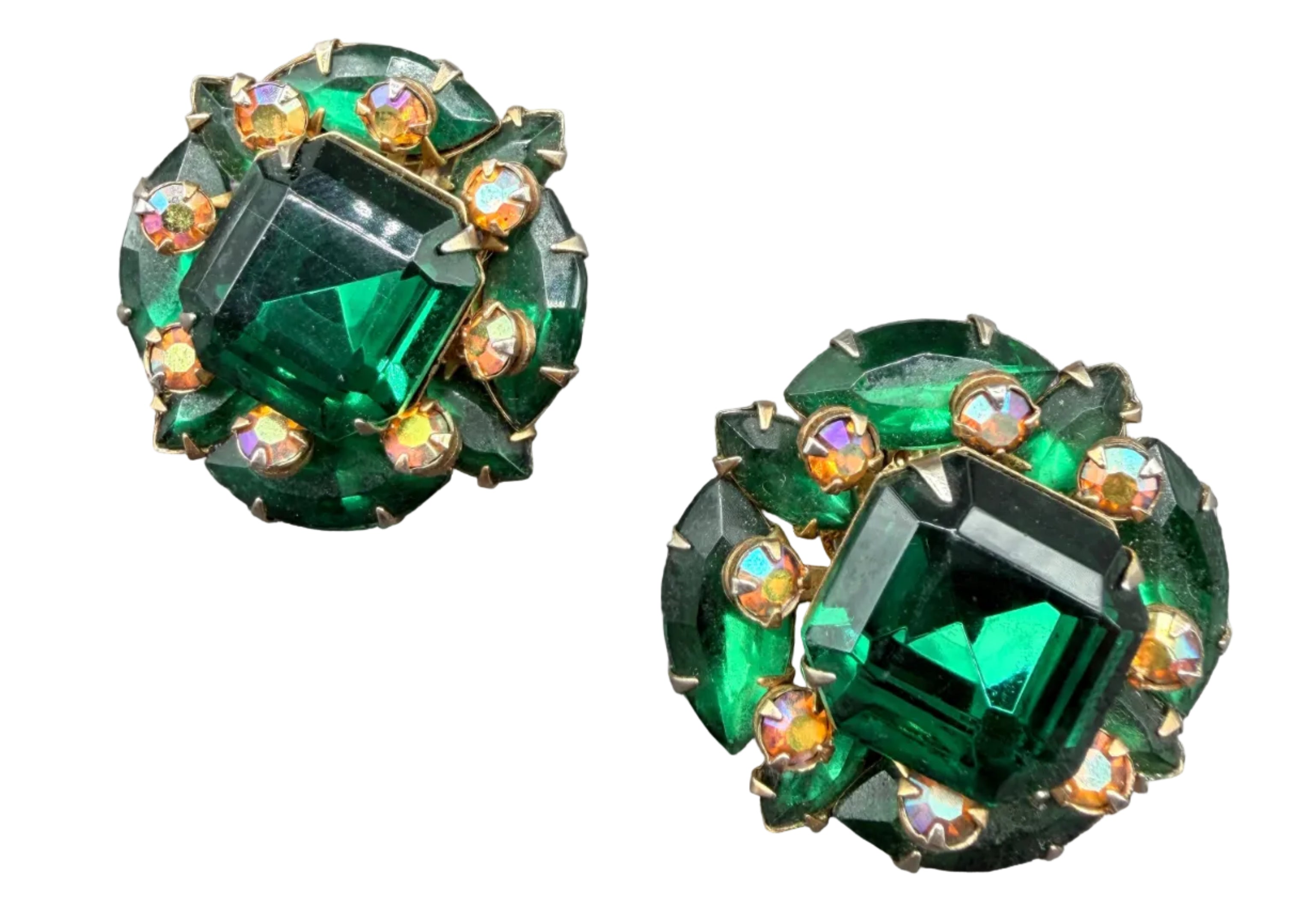 1950s Beau Jewels Green Rhinestone Cluster Clip Earrings