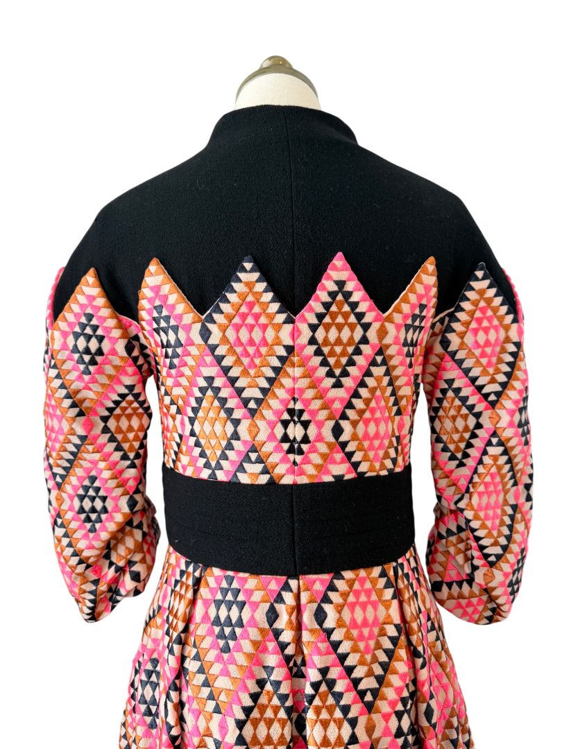 Amelia Toro Wool Snap-Front Coat with Ruched Sleeves and Pink Diamond Textile