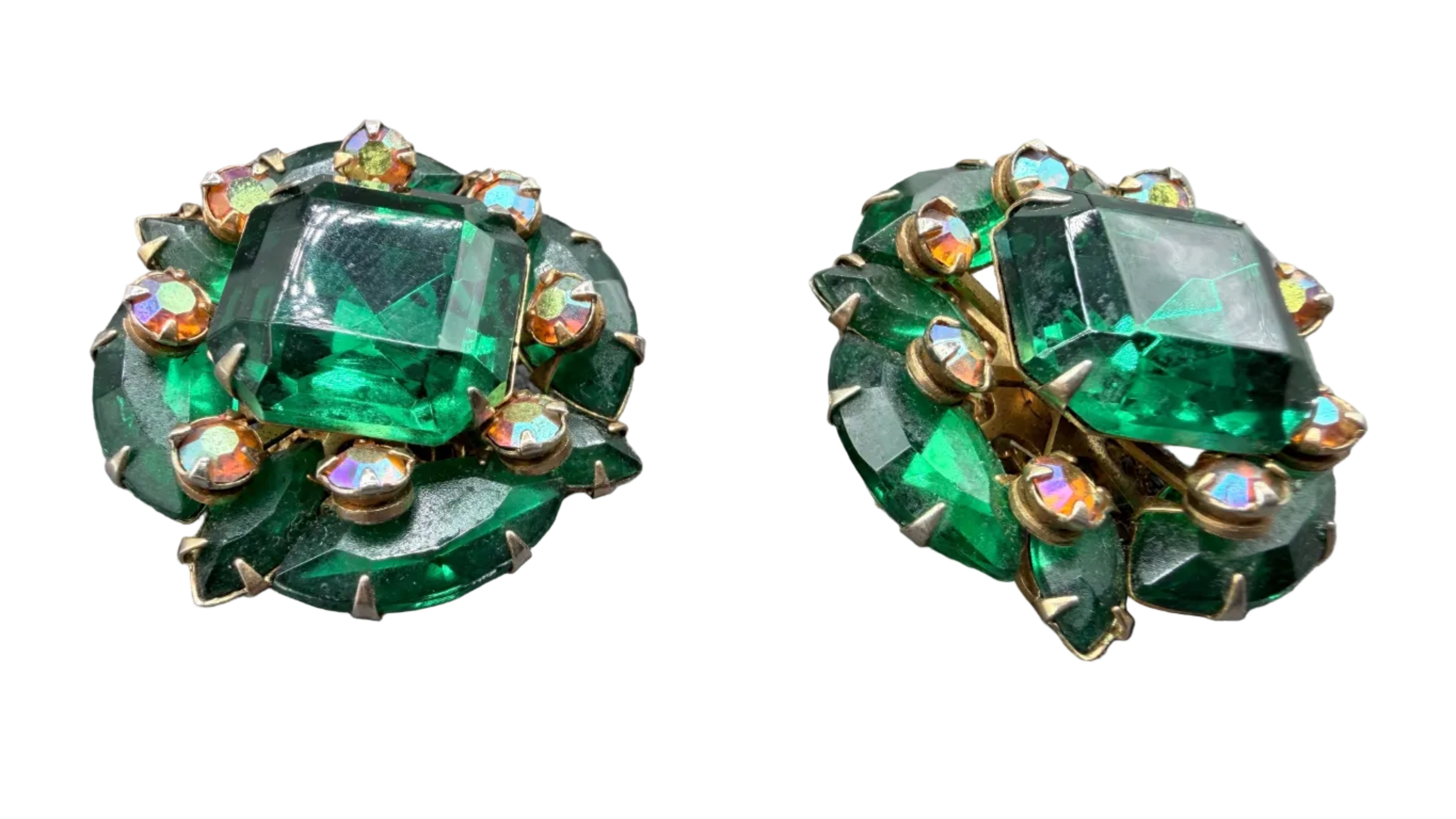 1950s Beau Jewels Green Rhinestone Cluster Clip Earrings