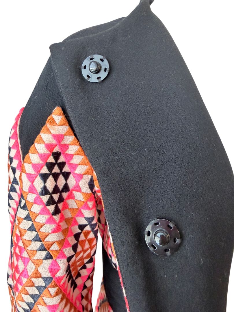 Amelia Toro Wool Snap-Front Coat with Ruched Sleeves and Pink Diamond Textile