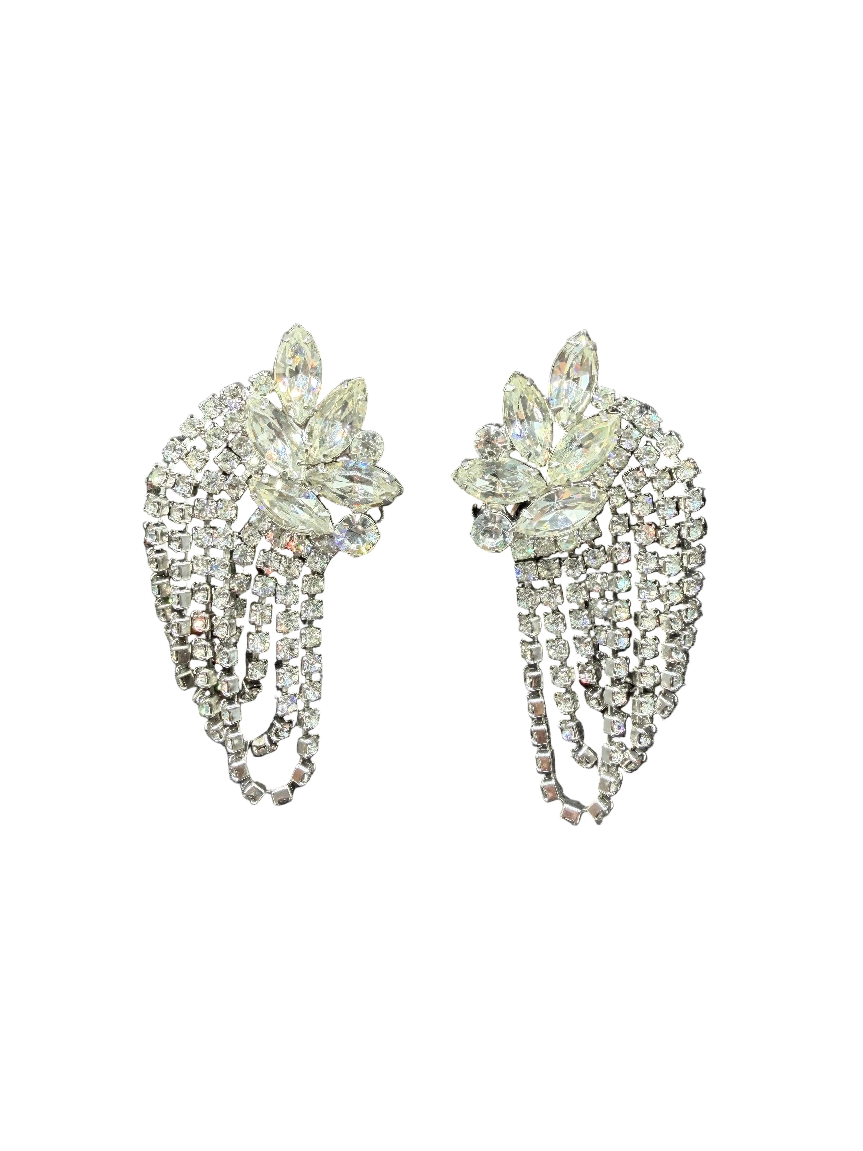 1950s Clear Rhinestone Cluster Cascading Fringe Loop Clip Earrings