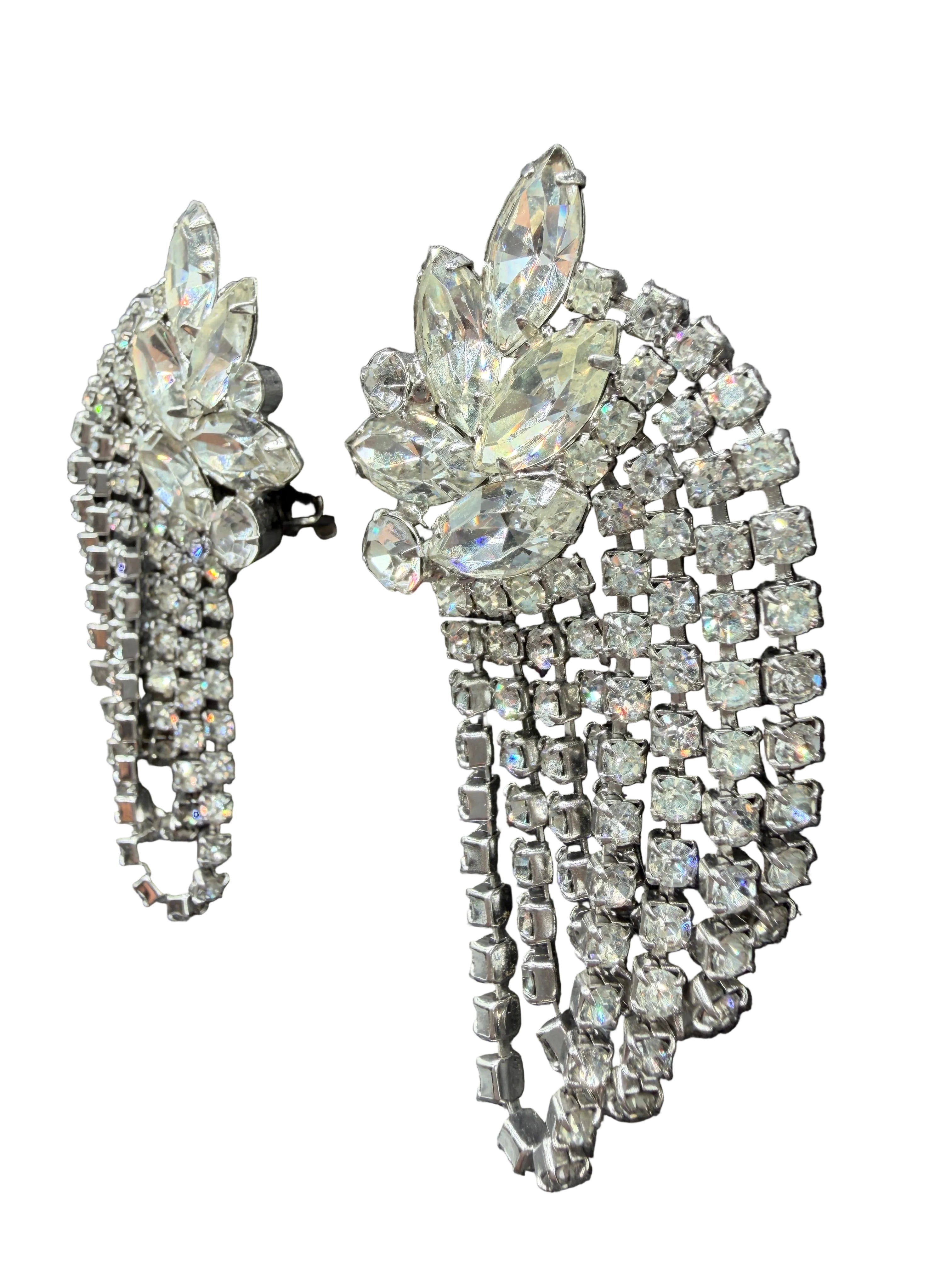 1950s Clear Rhinestone Cluster Cascading Fringe Loop Clip Earrings