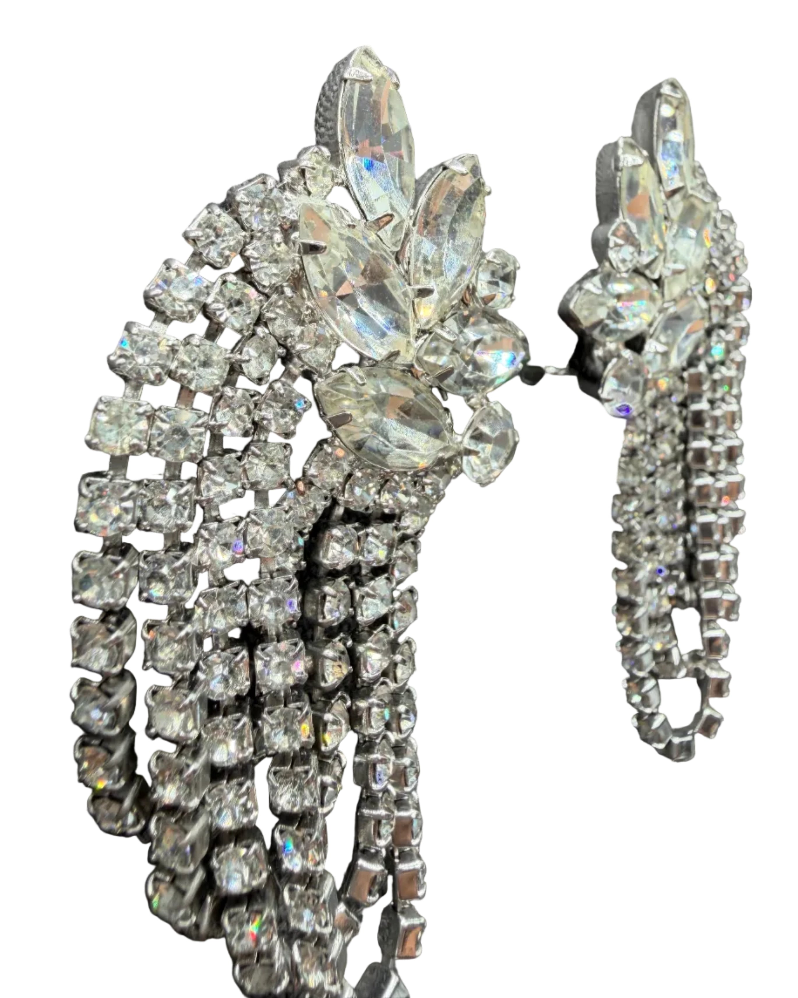 1950s Clear Rhinestone Cluster Cascading Fringe Loop Clip Earrings