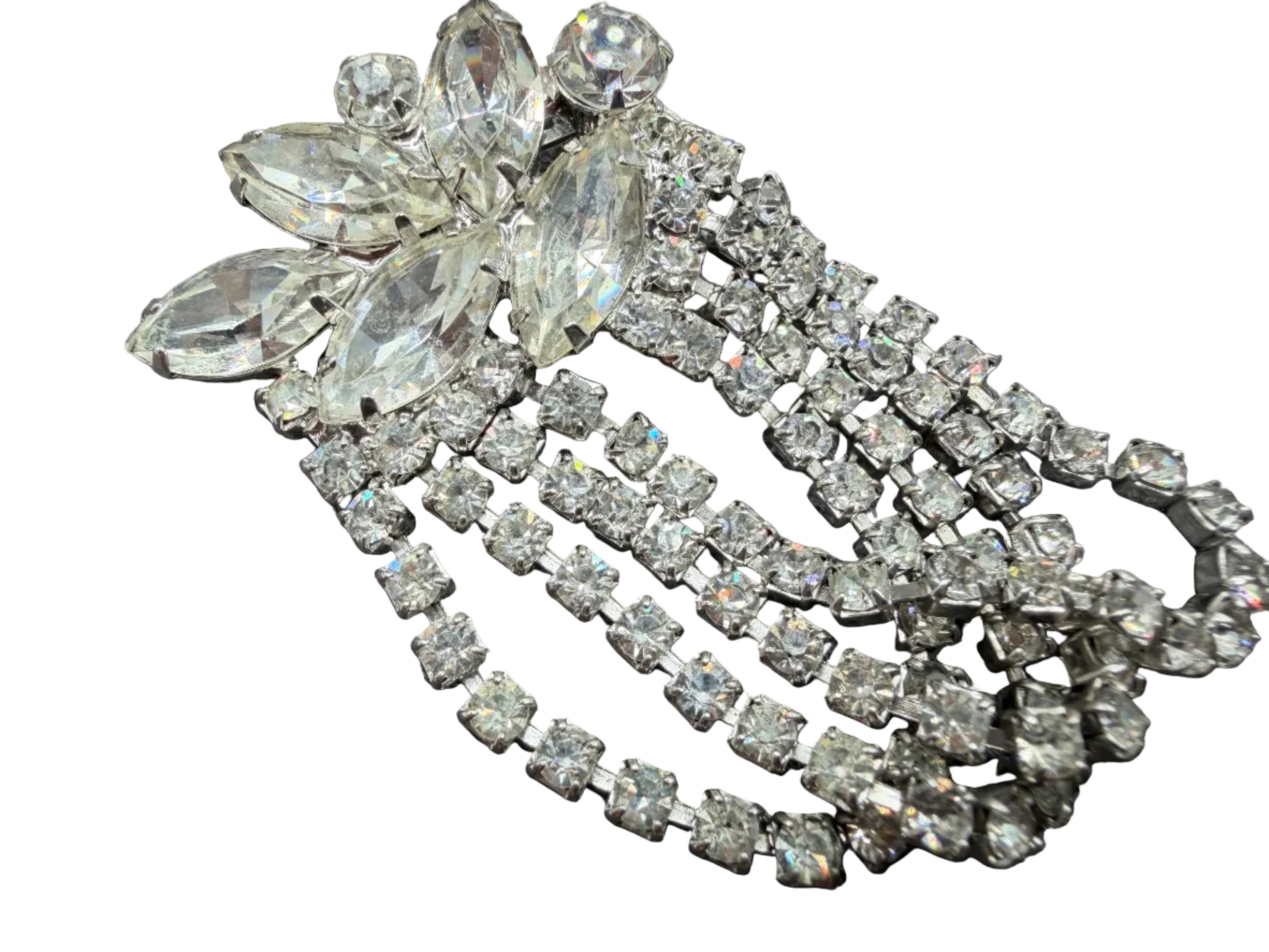 1950s Clear Rhinestone Cluster Cascading Fringe Loop Clip Earrings