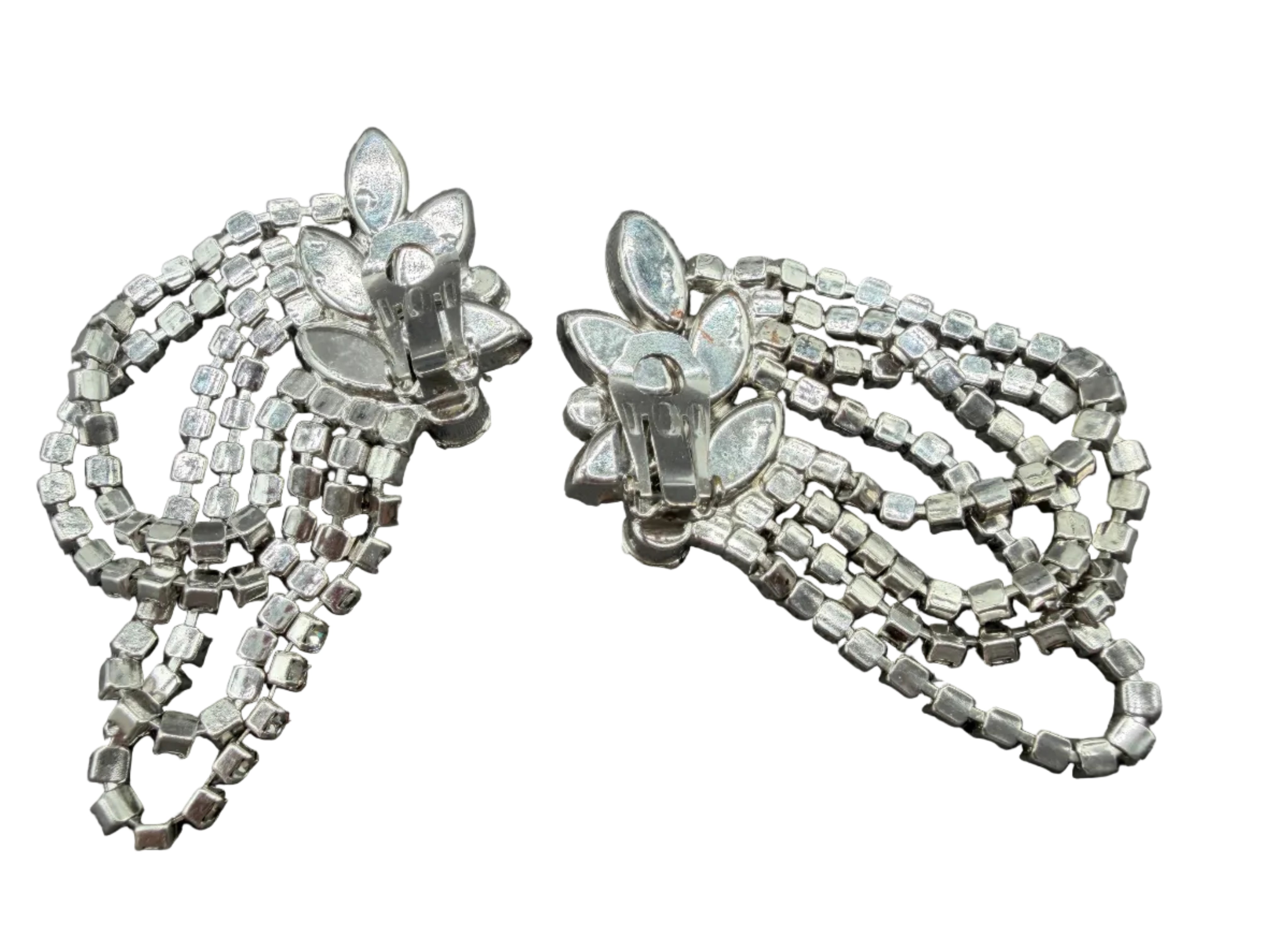1950s Clear Rhinestone Cluster Cascading Fringe Loop Clip Earrings
