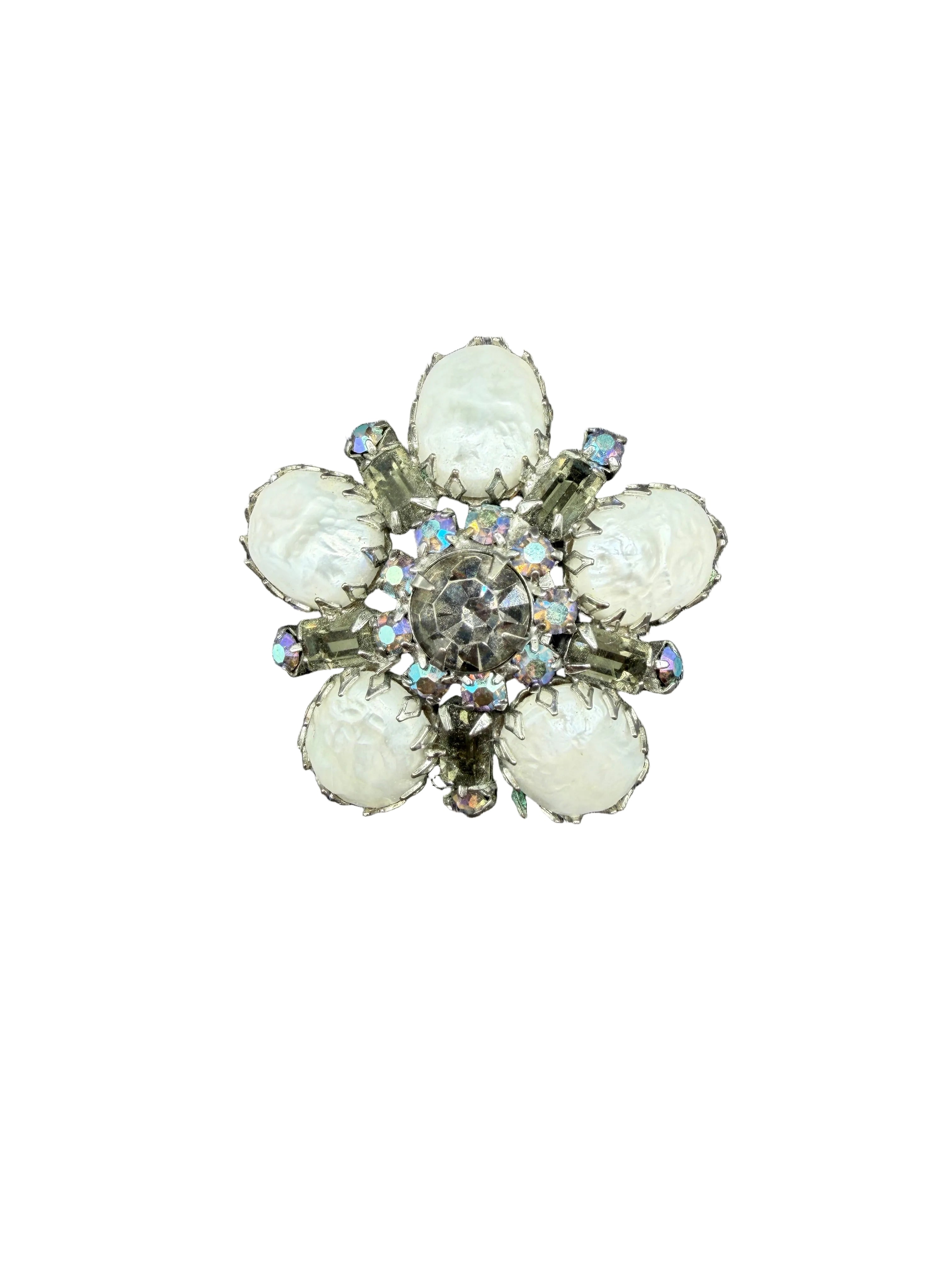 1950s Regency Domed Black Diamond Rhinestone & Faux Baroque Pearl Brooch