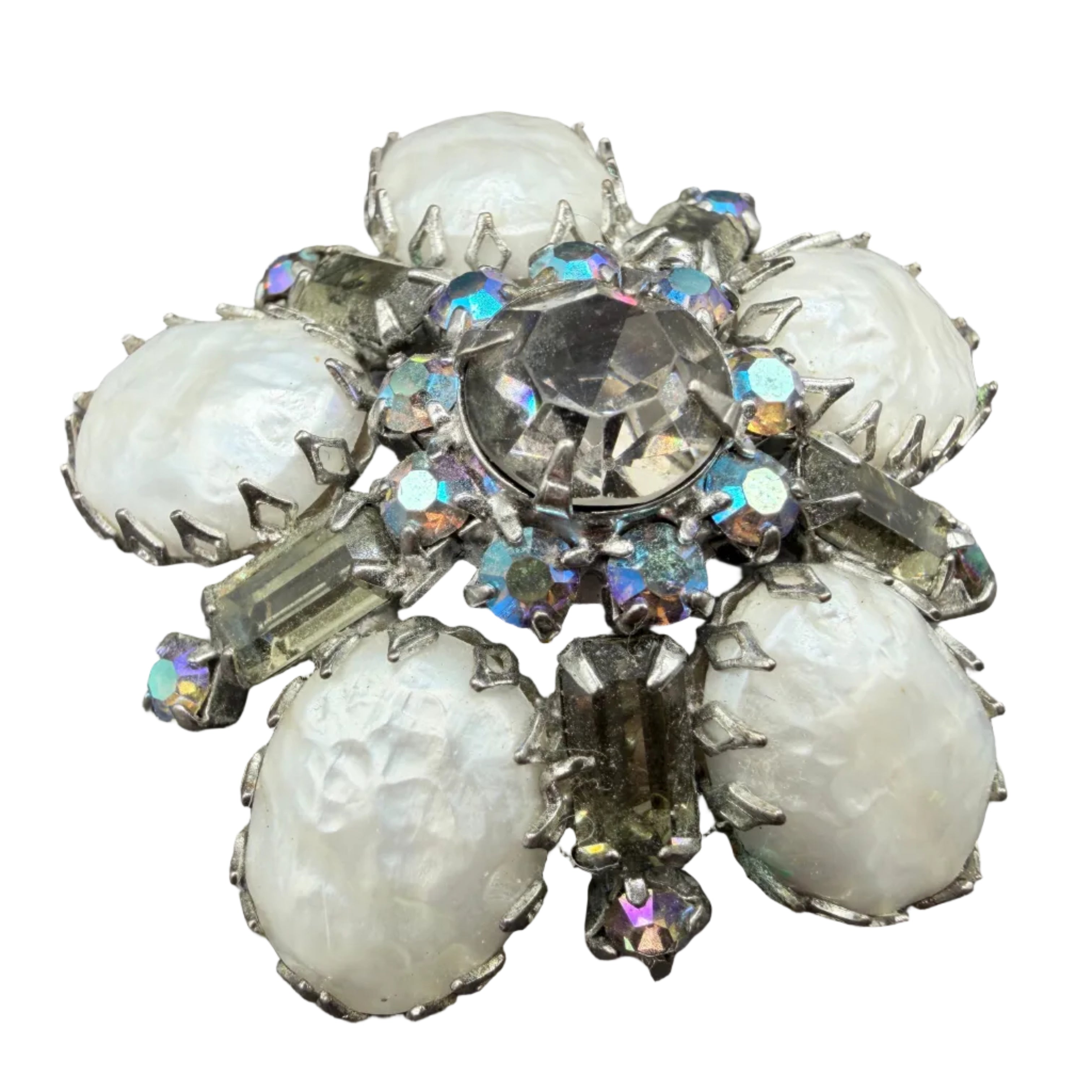 1950s Regency Domed Black Diamond Rhinestone & Faux Baroque Pearl Brooch