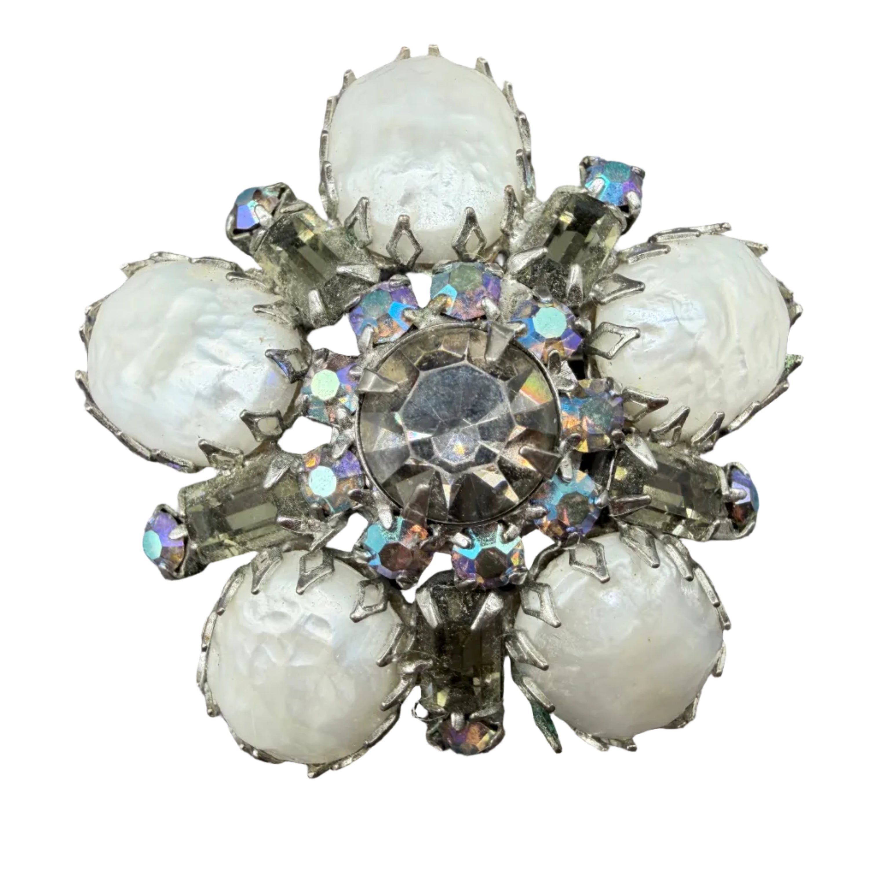 1950s Regency Domed Black Diamond Rhinestone & Faux Baroque Pearl Brooch