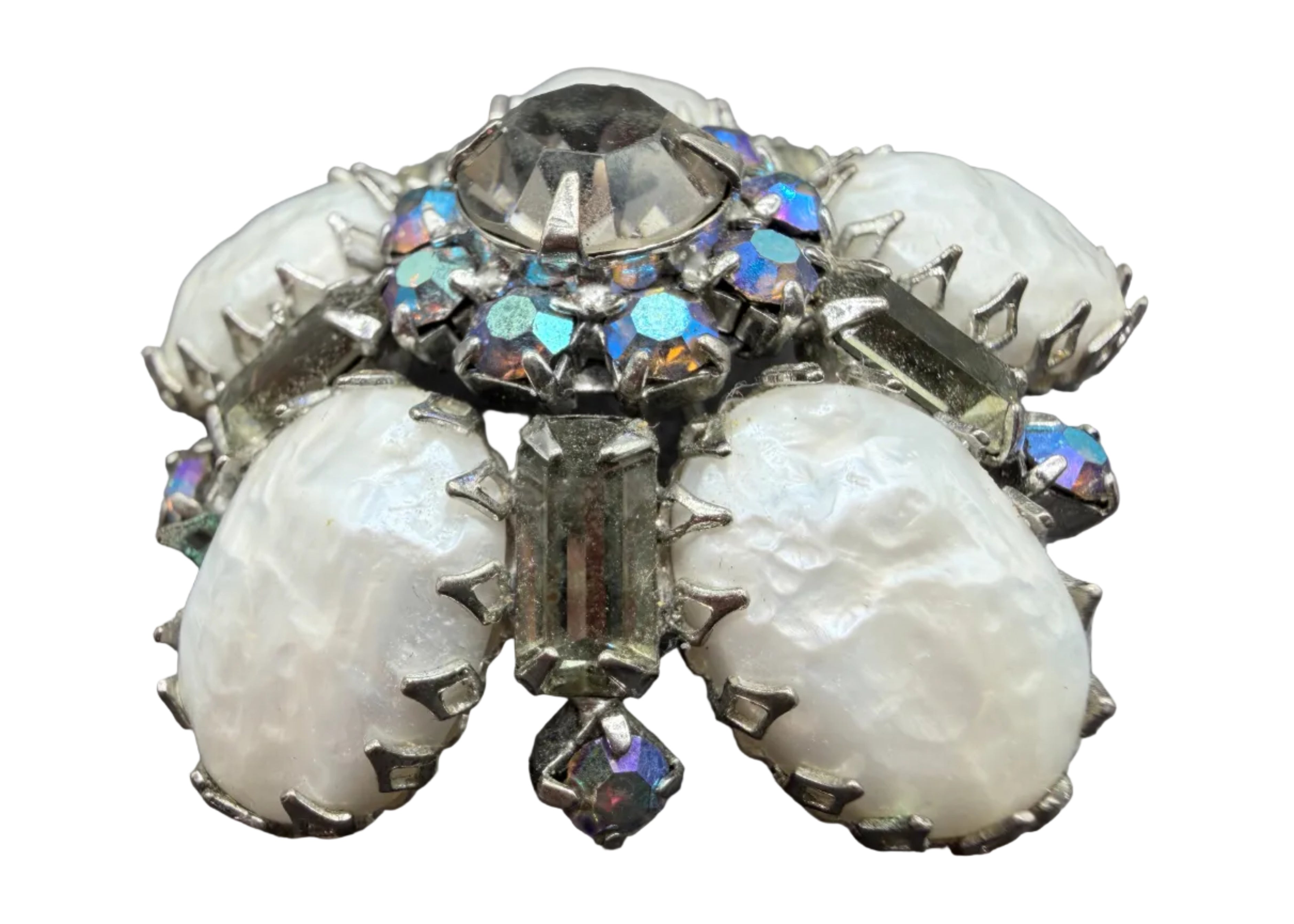 1950s Regency Domed Black Diamond Rhinestone & Faux Baroque Pearl Brooch