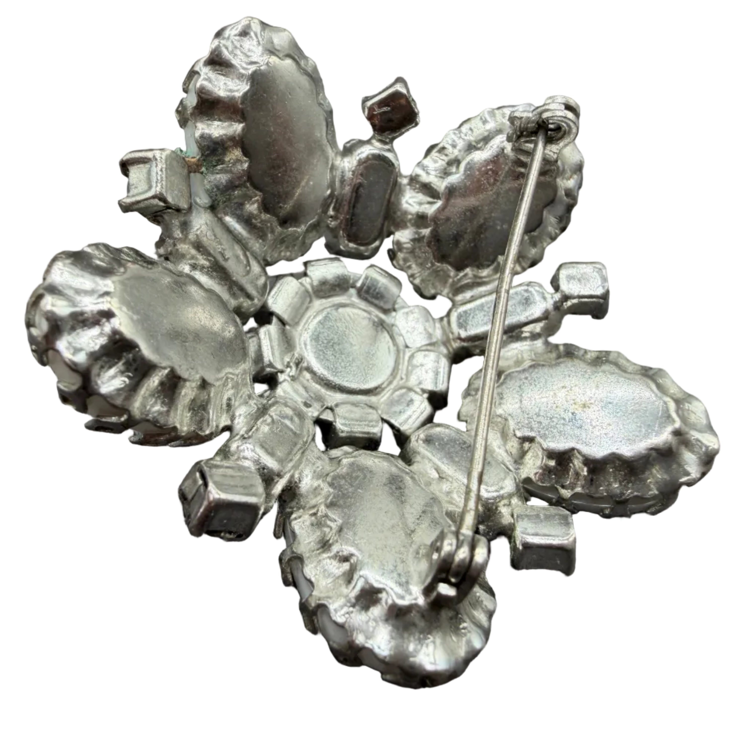 1950s Regency Domed Black Diamond Rhinestone & Faux Baroque Pearl Brooch