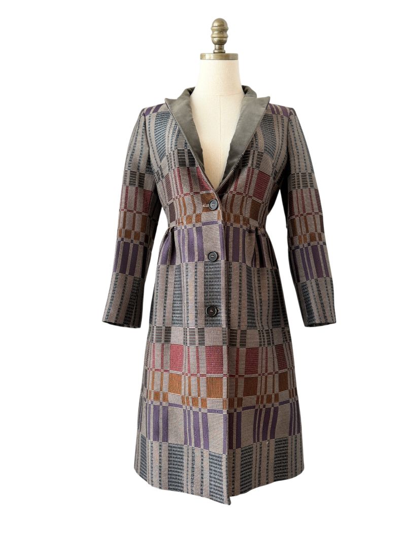 Etro Multicolor Geometric Jacquard 3/4 Coat with Velvet Collar and Back Belt