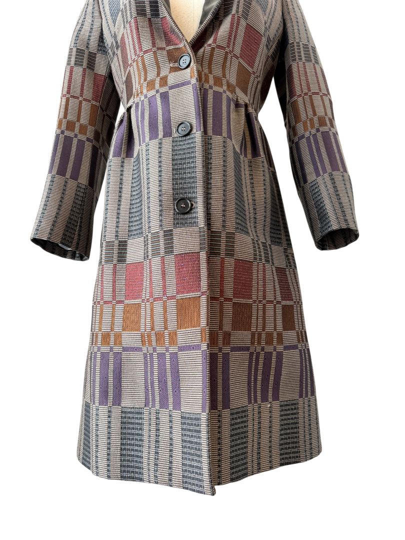 Etro Multicolor Geometric Jacquard 3/4 Coat with Velvet Collar and Back Belt
