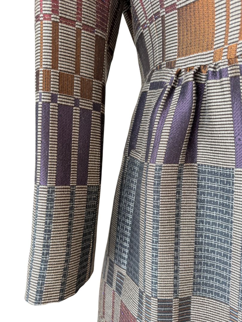 Etro Multicolor Geometric Jacquard 3/4 Coat with Velvet Collar and Back Belt