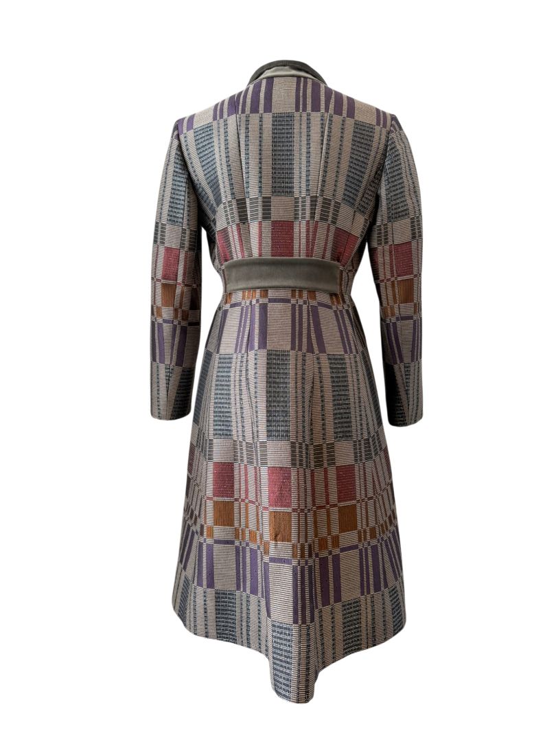 Etro Multicolor Geometric Jacquard 3/4 Coat with Velvet Collar and Back Belt