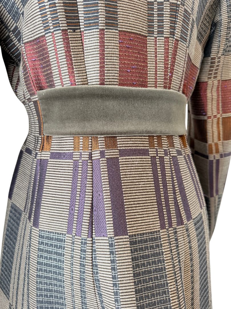 Etro Multicolor Geometric Jacquard 3/4 Coat with Velvet Collar and Back Belt