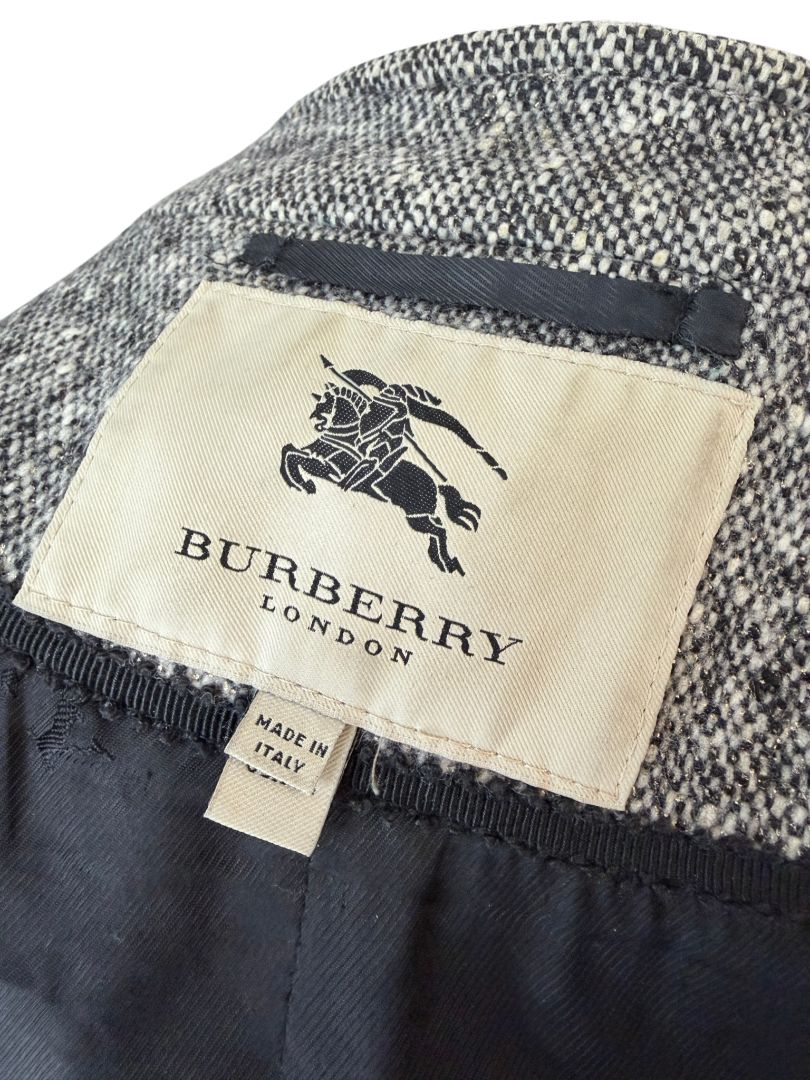 Burberry London Double-Breasted Tweed Swing Coat with Metallic Threads and Puffy Sleeves