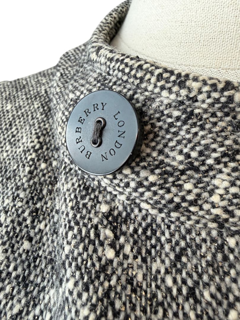 Burberry London Double-Breasted Tweed Swing Coat with Metallic Threads and Puffy Sleeves