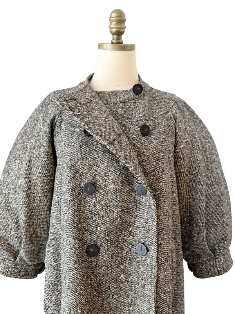 Burberry London Double-Breasted Tweed Swing Coat with Metallic Threads and Puffy Sleeves
