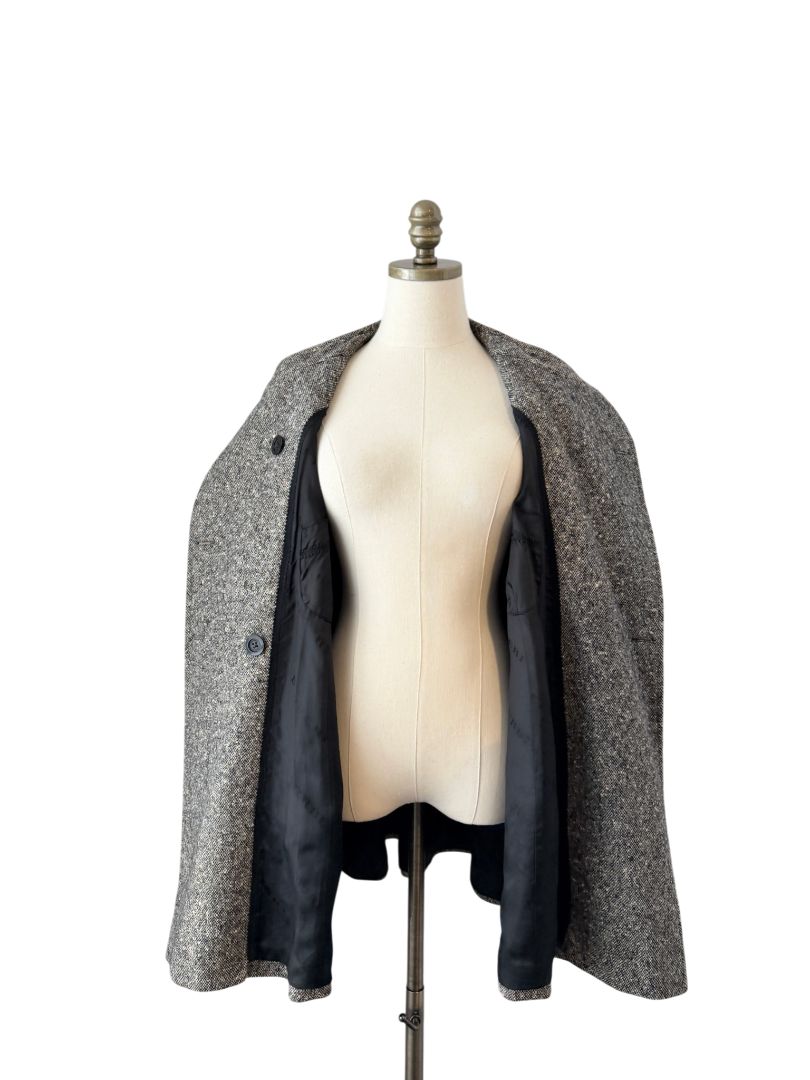 Burberry London Double-Breasted Tweed Swing Coat with Metallic Threads and Puffy Sleeves