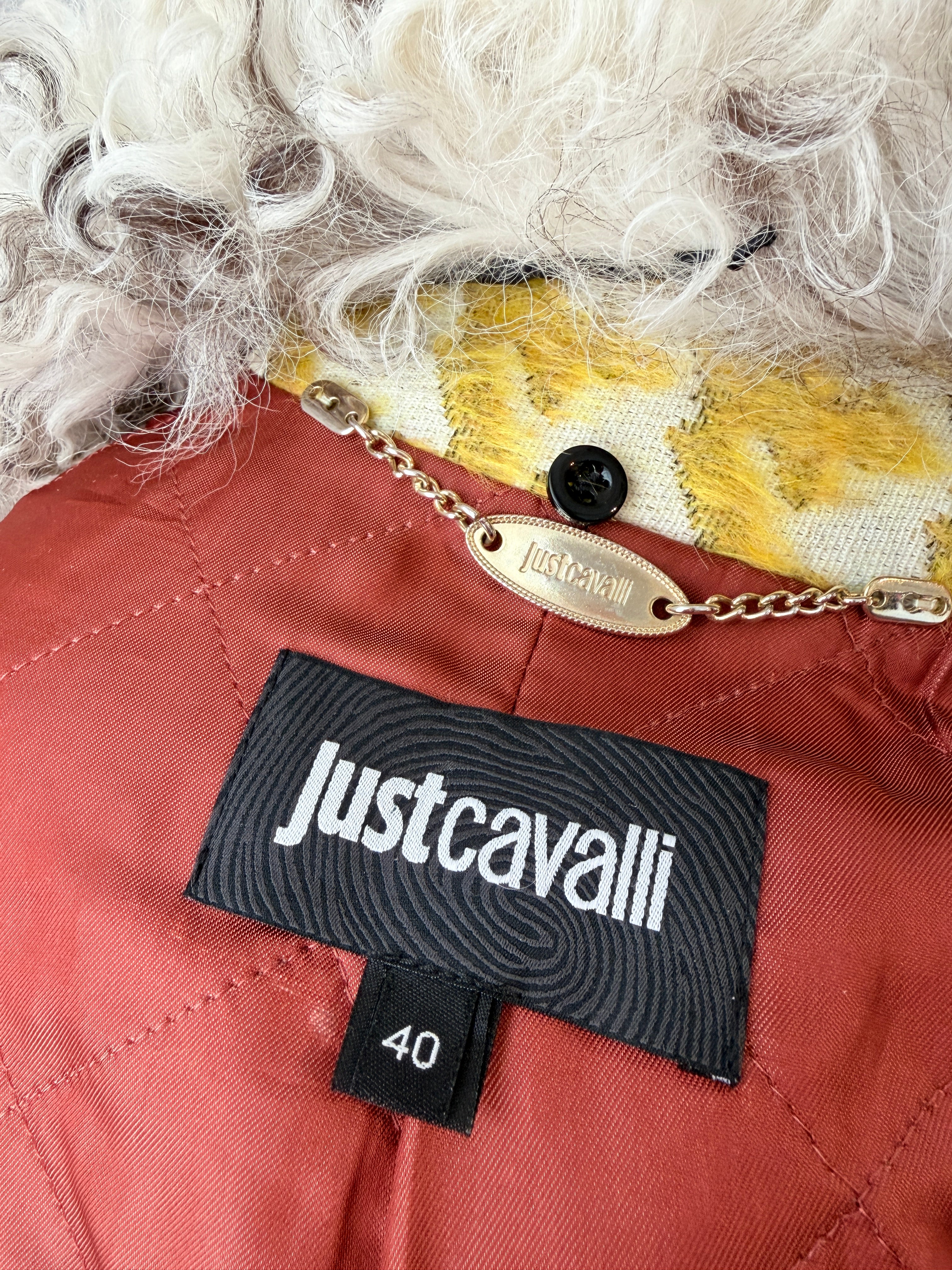Just Cavalli Yellow Houndstooth Coat with Mohair Trim