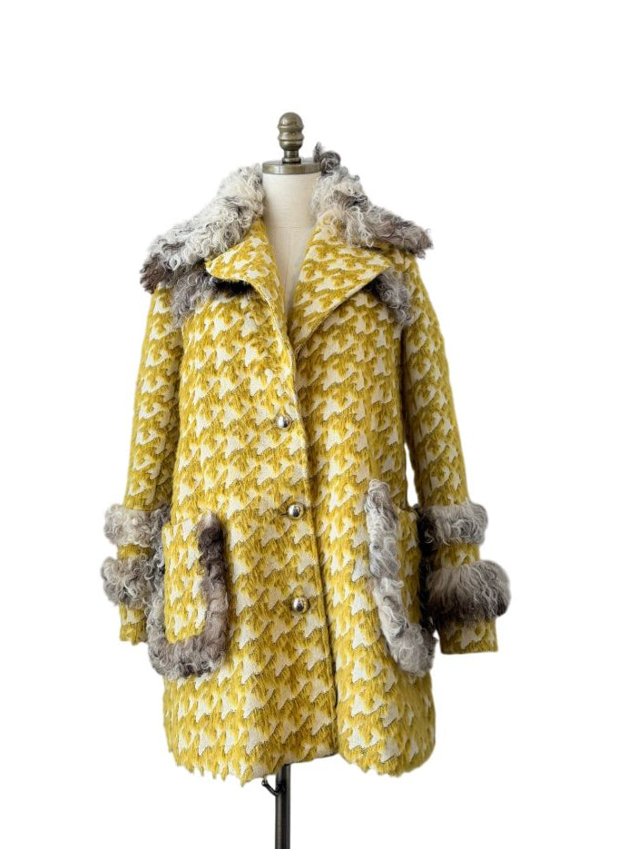 Just Cavalli Yellow Houndstooth Coat with Mohair Trim