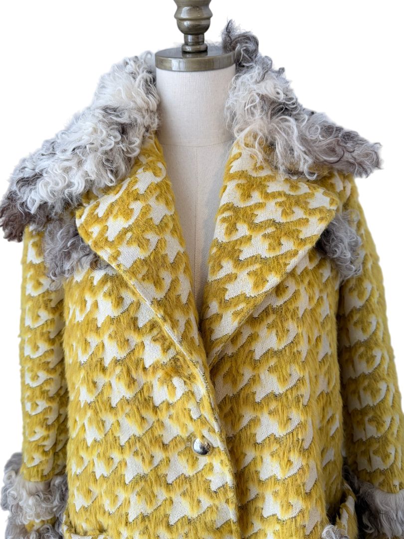 Just Cavalli Yellow Houndstooth Coat with Mohair Trim