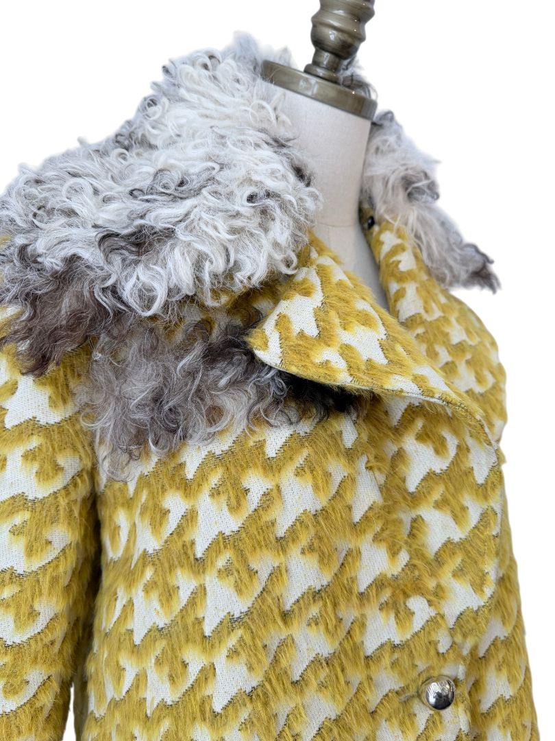 Just Cavalli Yellow Houndstooth Coat with Mohair Trim