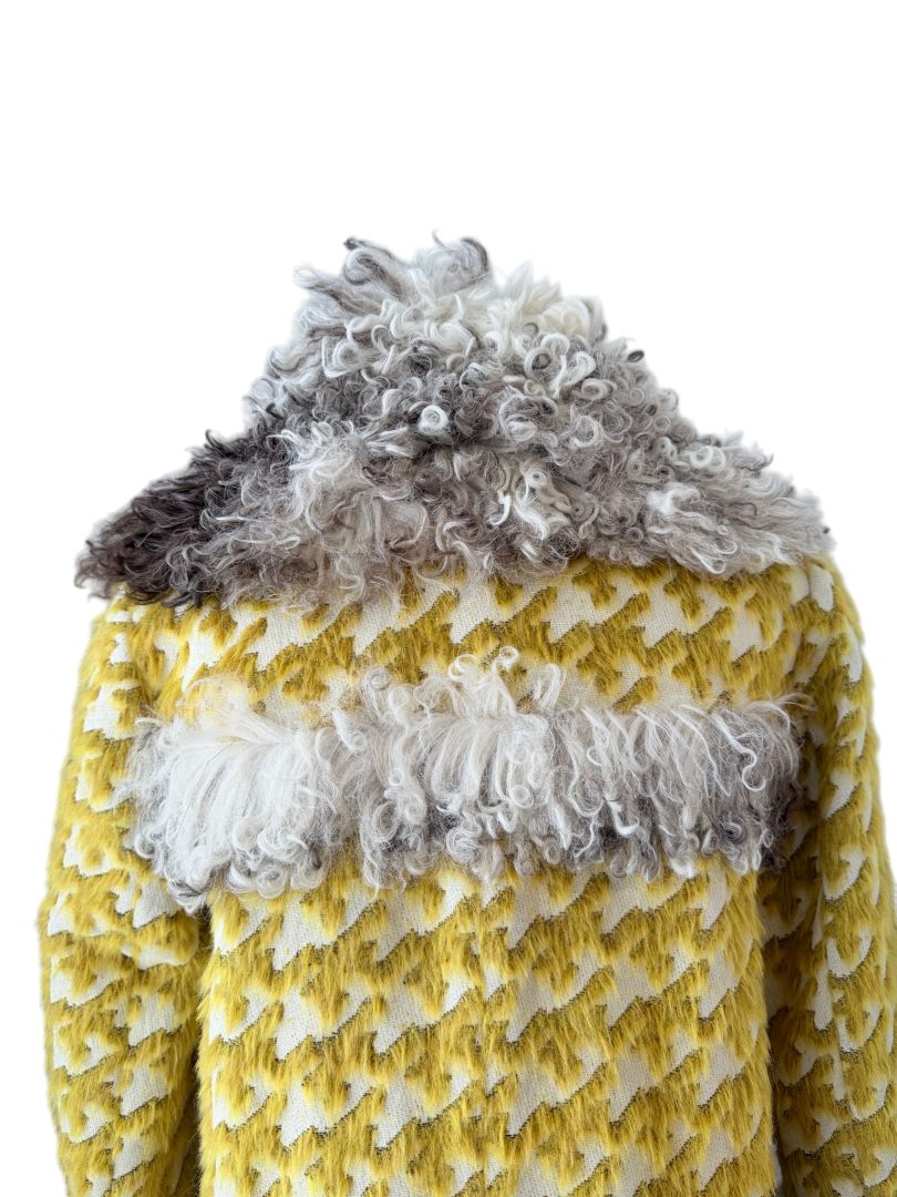 Just Cavalli Yellow Houndstooth Coat with Mohair Trim