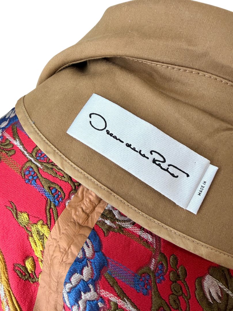Oscar de la Renta Double-Breasted Trench Coat with Asian Floral Damask Trim