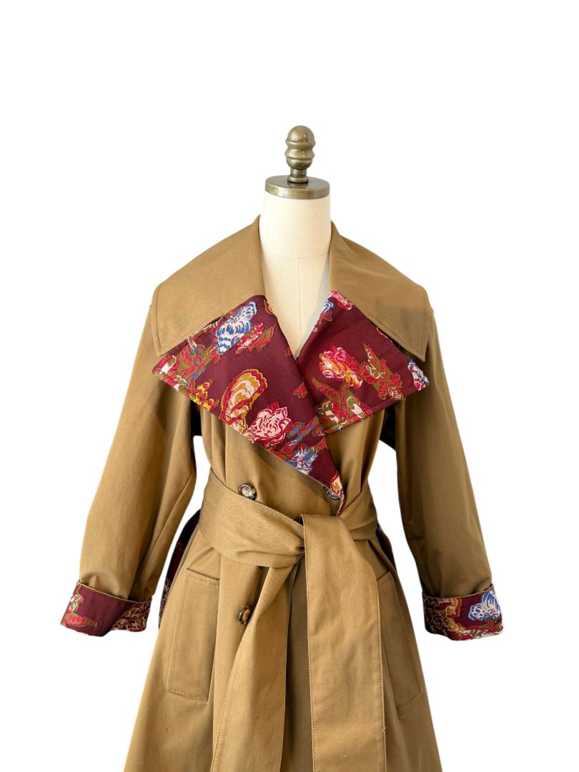 Oscar de la Renta Double-Breasted Trench Coat with Asian Floral Damask Trim