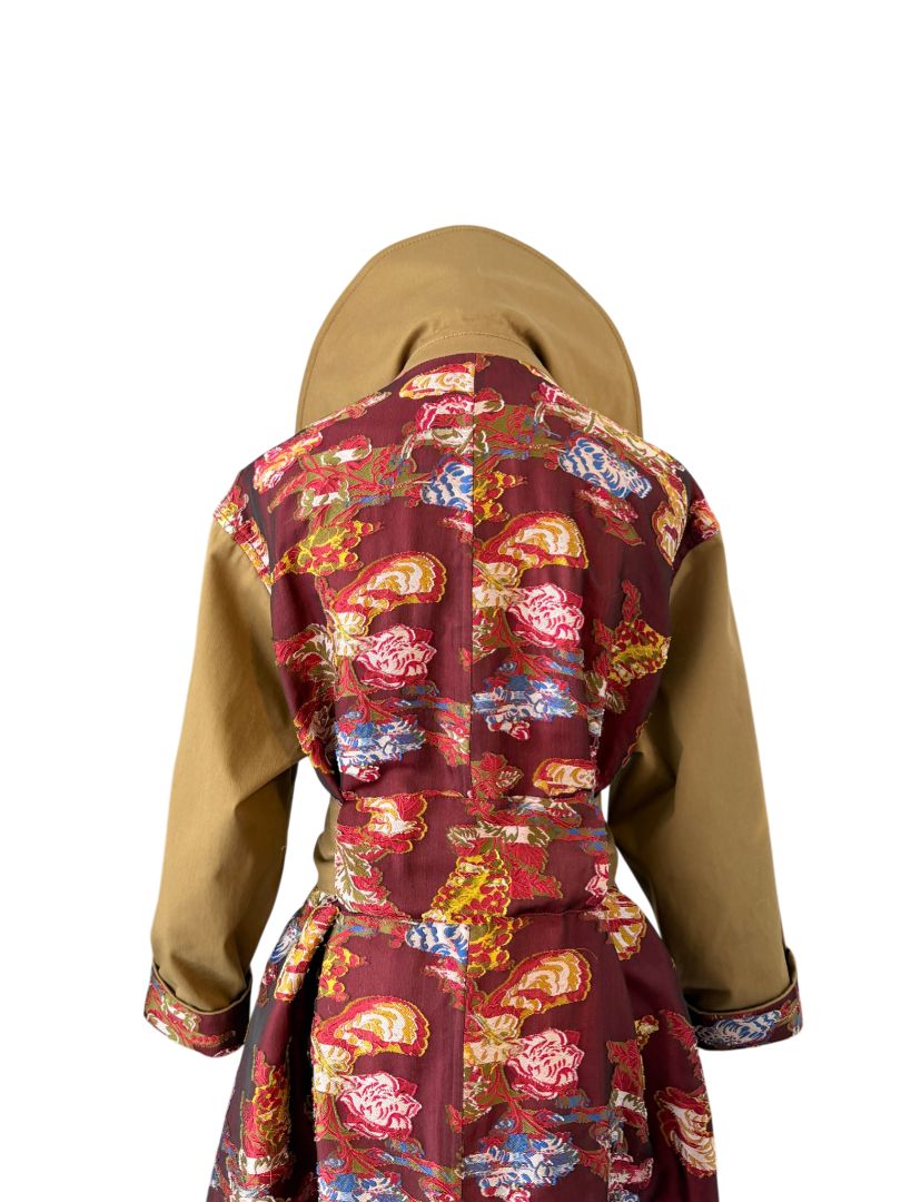 Oscar de la Renta Double-Breasted Trench Coat with Asian Floral Damask Trim
