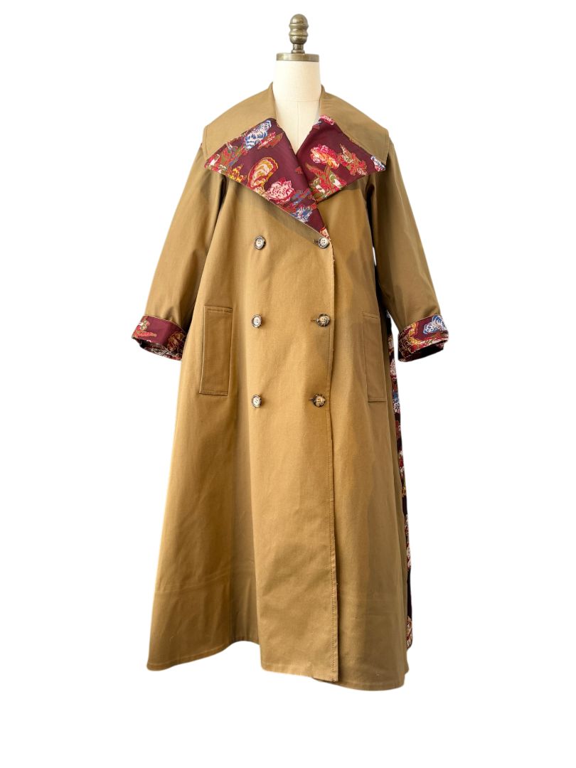 Oscar de la Renta Double-Breasted Trench Coat with Asian Floral Damask Trim