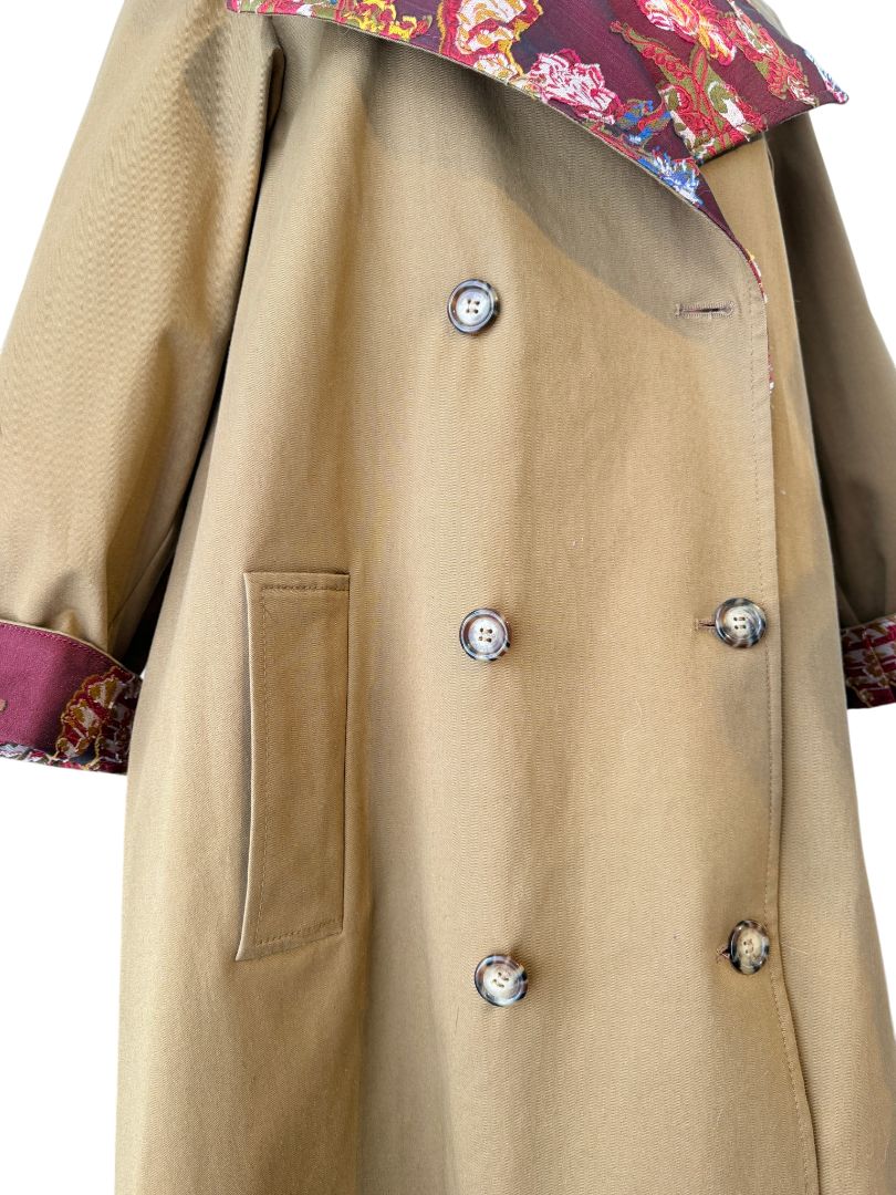 Oscar de la Renta Double-Breasted Trench Coat with Asian Floral Damask Trim