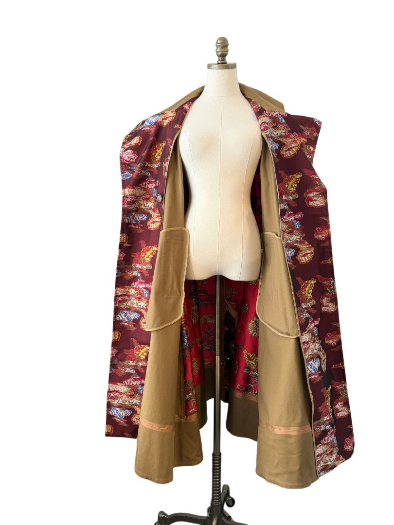 Oscar de la Renta Double-Breasted Trench Coat with Asian Floral Damask Trim