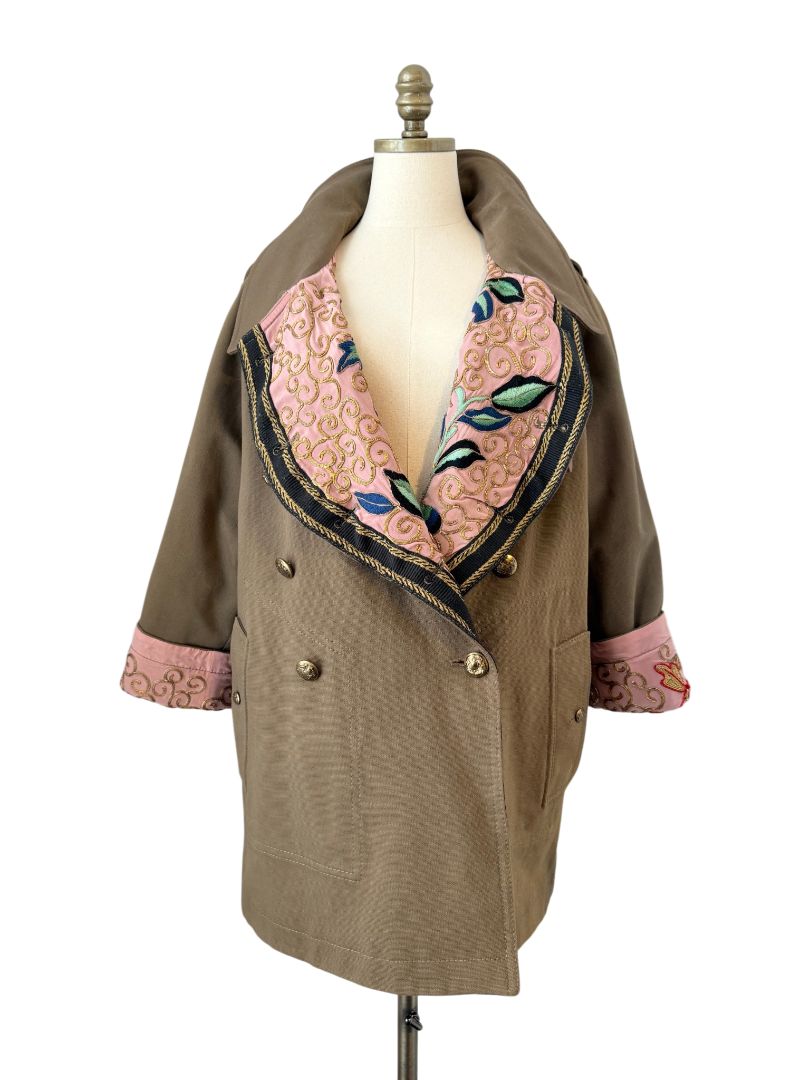 Barbour x Farm Rio Reversible Pea Coat with Floral Embroidered Silk Reverse