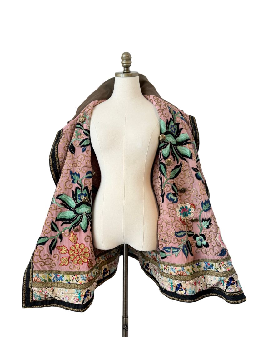Barbour x Farm Rio Reversible Pea Coat with Floral Embroidered Silk Reverse