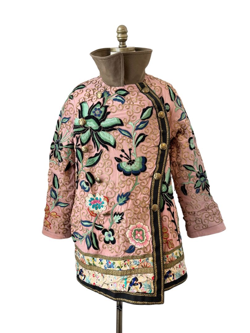 Barbour x Farm Rio Reversible Pea Coat with Floral Embroidered Silk Reverse