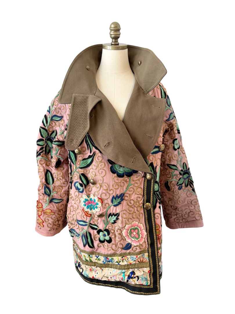 Barbour x Farm Rio Reversible Pea Coat with Floral Embroidered Silk Reverse