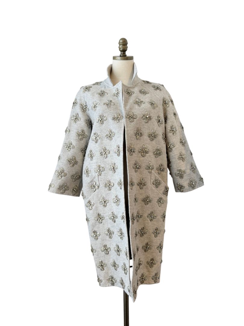 Oscar de la Renta Grey Wool 3/4 Open Jacket with Silver Lamé Floral Embellishment