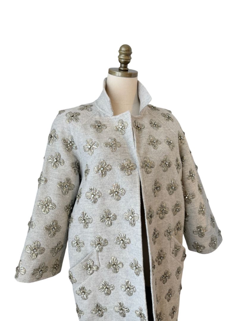 Oscar de la Renta Grey Wool 3/4 Open Jacket with Silver Lamé Floral Embellishment