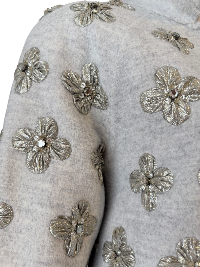 Oscar de la Renta Grey Wool 3/4 Open Jacket with Silver Lamé Floral Embellishment