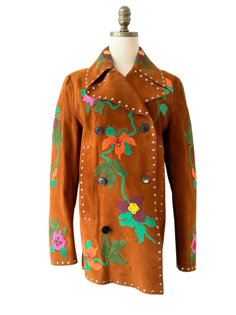 Floral & Peacock Appliqué Suede Statement Coat with Stud Trim by Valentino Garavani