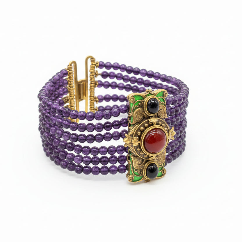 Victorian Revival Eight-Strand Amethyst Bracelet with Repurposed Antique Medallion