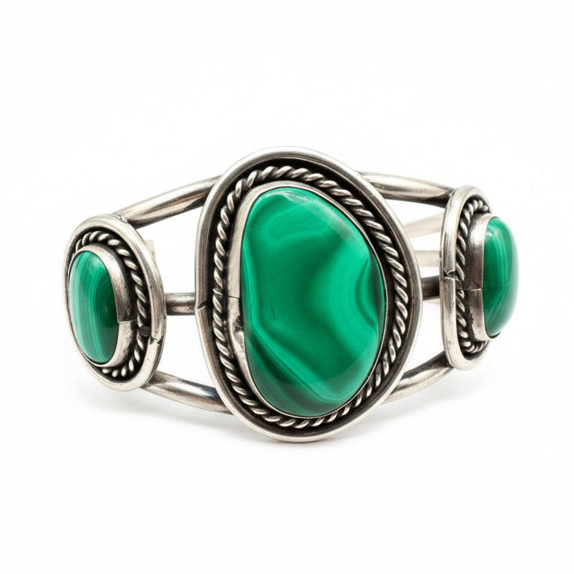 1970s Sterling Silver Three-Band Cuff with Malachite Stones