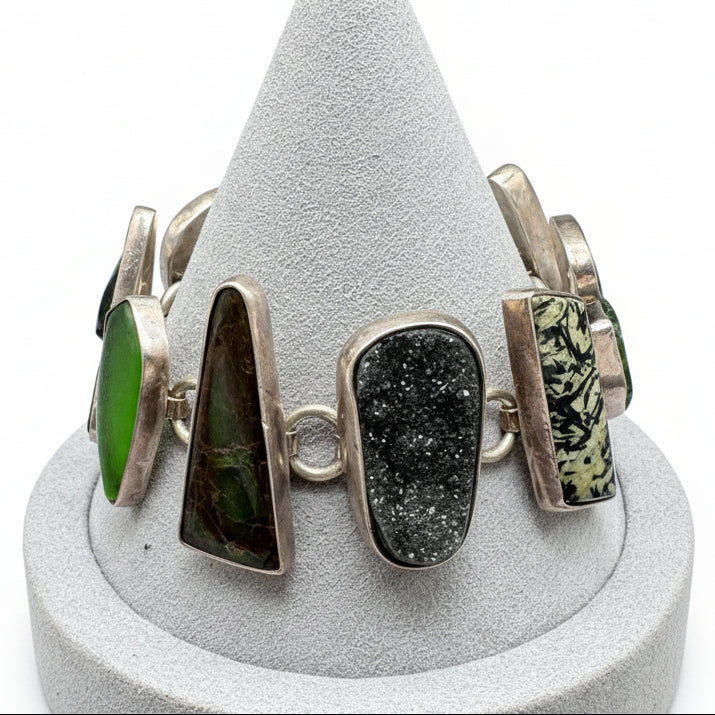 Echo of the Dreamers Multi-Stone Sterling Chain Bracelet with Vivianite, Dendrite, Ammolite, Opal & Tourmalinated Quartz