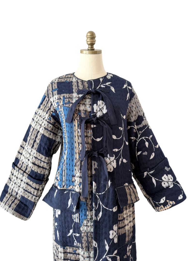 Indigo Boro Style Full-Length Puffer Coat with Chest Ties